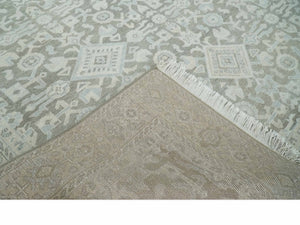 Hand Knotted Low Pile 8x10 Brown, Ivory and Blue Traditional Design Wool Area Rug