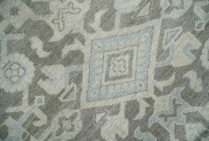 Hand Knotted Low Pile 8x10 Brown, Ivory and Blue Traditional Design Wool Area Rug