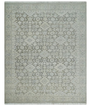 Hand Knotted Low Pile 8x10 Brown, Ivory and Blue Traditional Design Wool Area Rug
