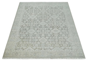 Hand Knotted Low Pile 8x10 Brown, Ivory and Blue Traditional Design Wool Area Rug