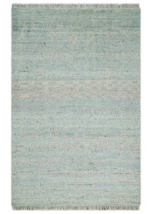 Hand Knotted Modern Abstract Blue and Peach Trellis Moroccan Blended Wool Area Rug