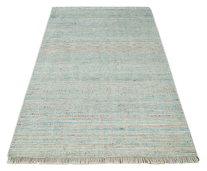 Hand Knotted Modern Abstract Blue and Peach Trellis Moroccan Blended Wool Area Rug