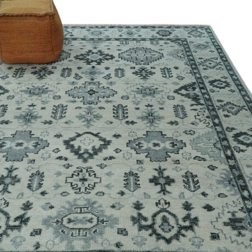 Hand Knotted Multi size Ivory, Silver and Charcoal Antique Turkish  Oushak Wool Area Rug