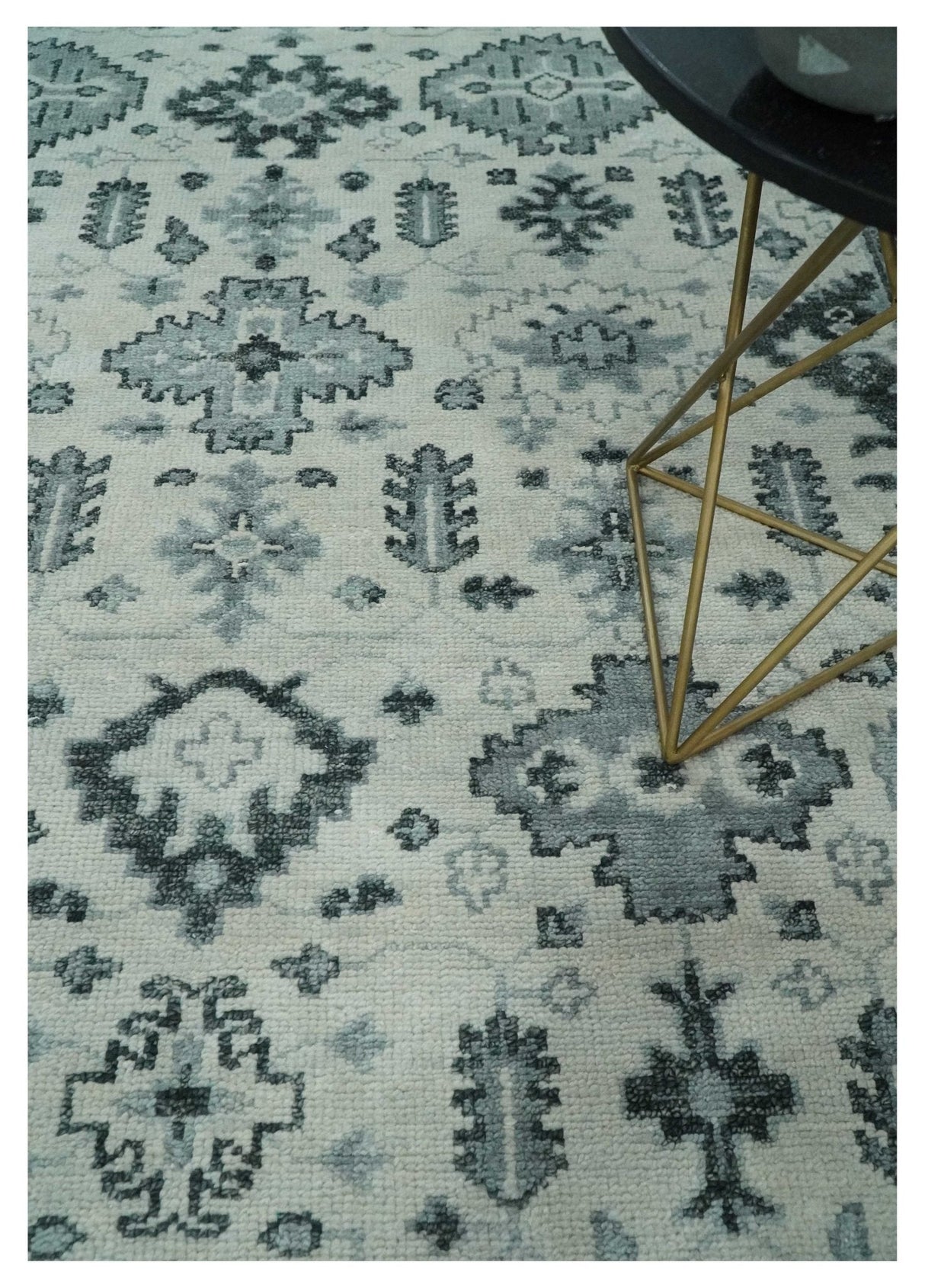 Hand Knotted Multi size Ivory, Silver and Charcoal Antique Turkish  Oushak Wool Area Rug