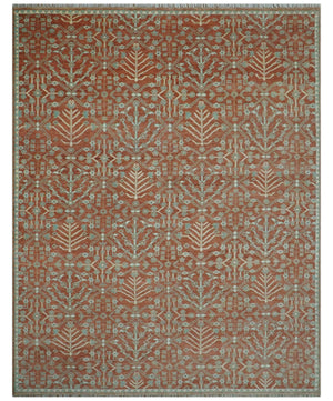 Hand knotted Multi Size Rust and Aqua Floral wool Area Rug
