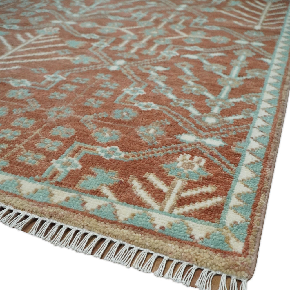Hand knotted Multi Size Rust and Aqua Floral wool Area Rug