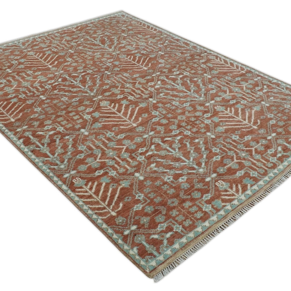 Hand knotted Multi Size Rust and Aqua Floral wool Area Rug