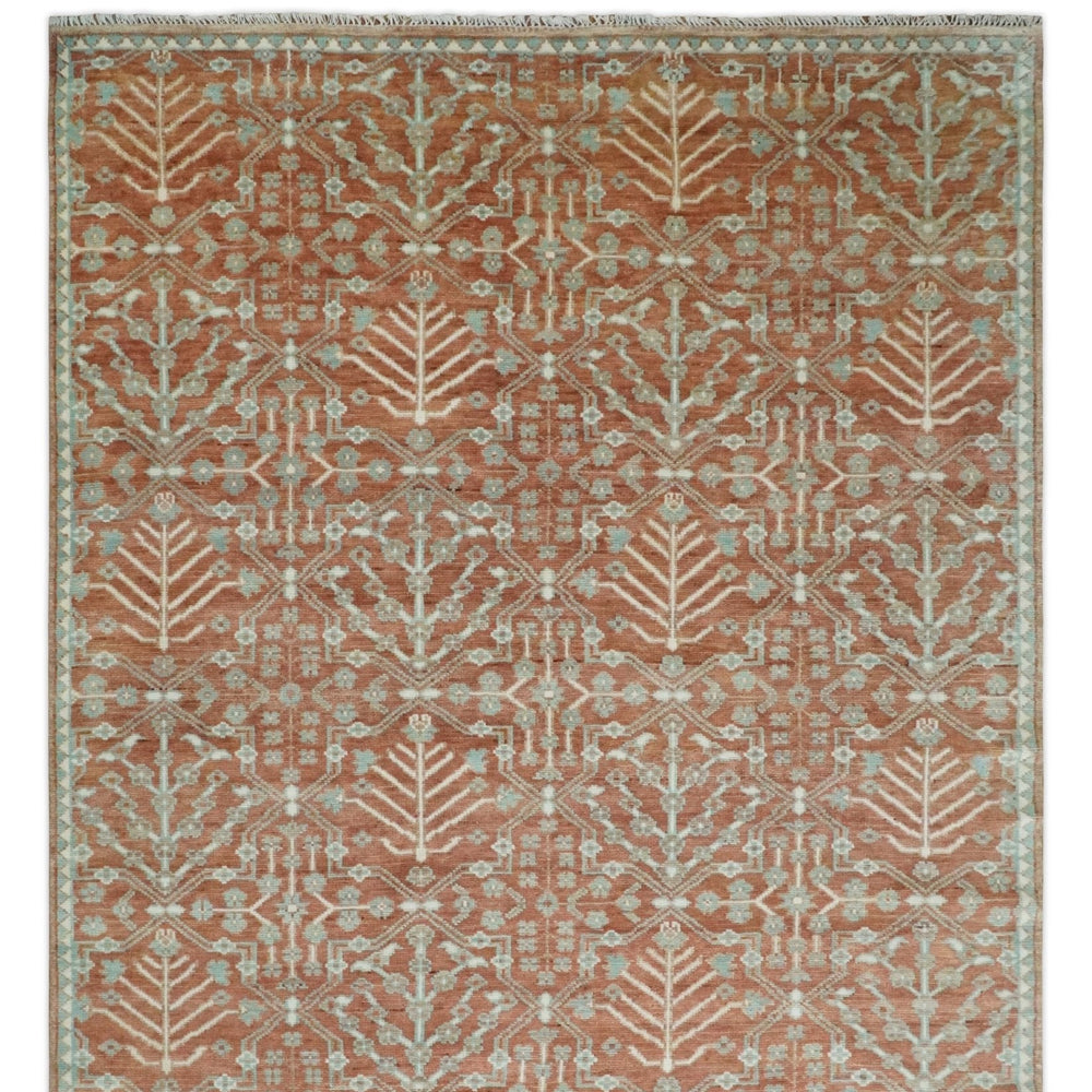 Hand knotted Multi Size Rust and Aqua Floral wool Area Rug
