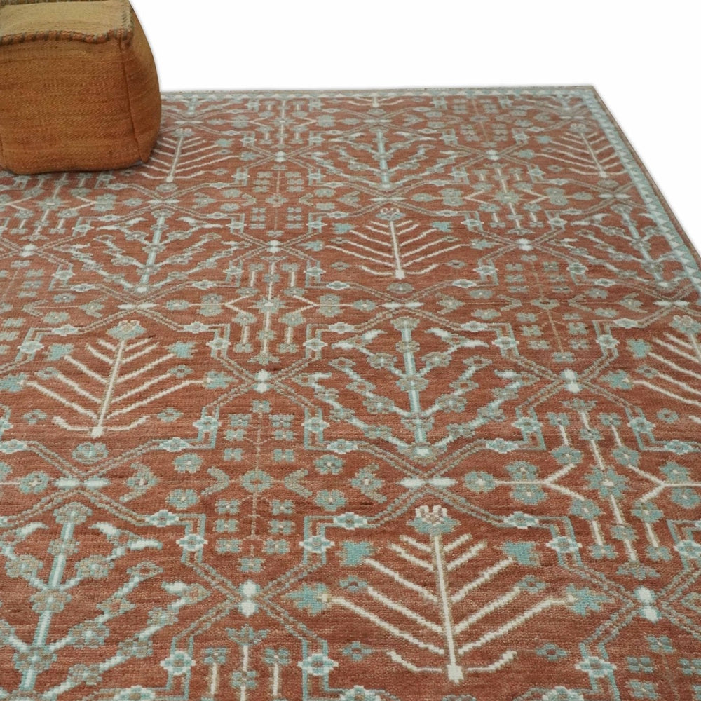 Hand knotted Multi Size Rust and Aqua Floral wool Area Rug
