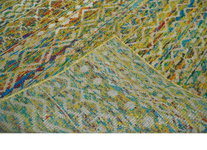 Hand Knotted Mustard, Aqua, Brown and Ivory 5.7x9 Modern Contemporary Southwestern Tribal Trellis Recycled Art Silk Area Rug