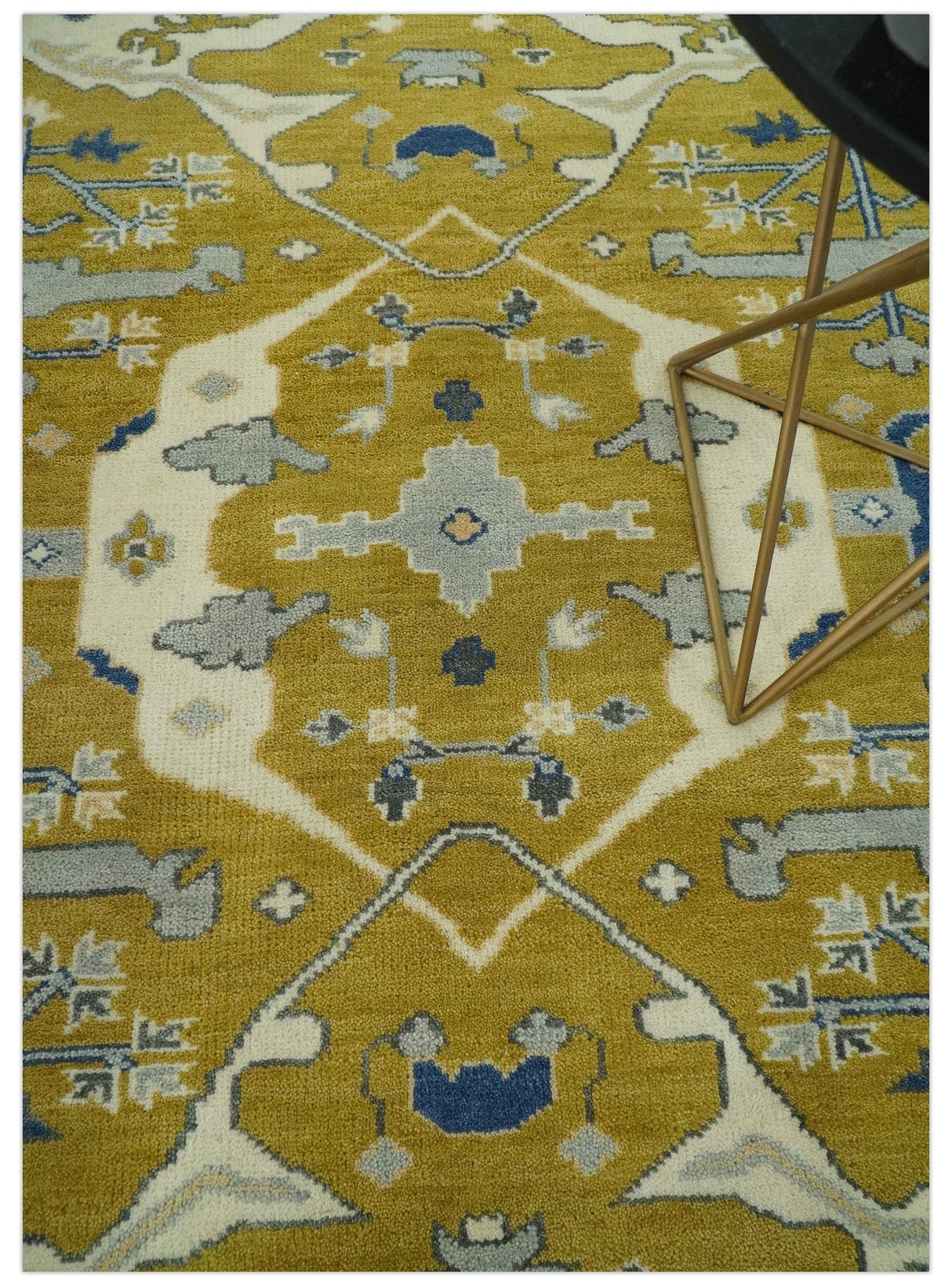 Hand Knotted Mustard, Ivory and Blue Traditional Oriental Oushak 6x9 wool area rug