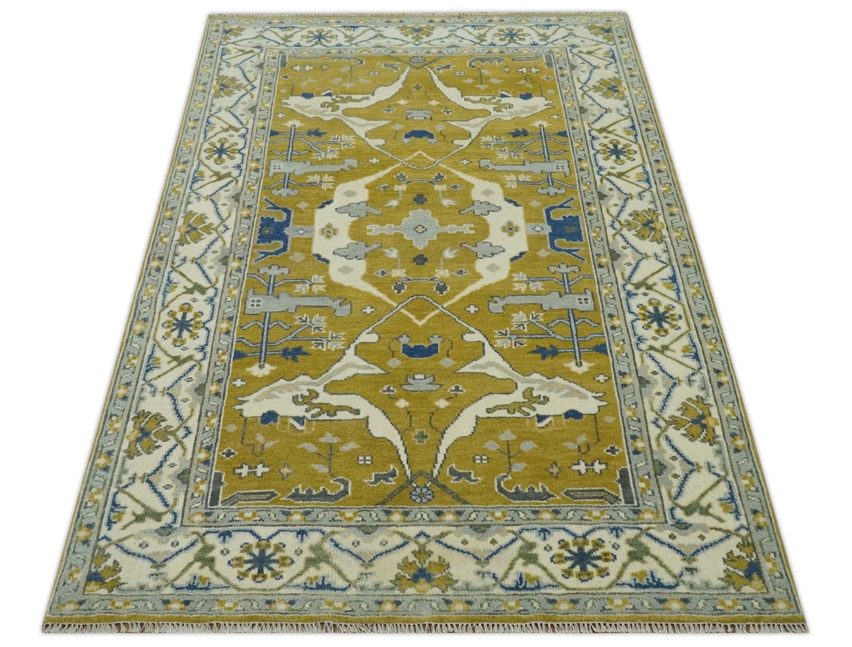 Hand Knotted Mustard, Ivory and Blue Traditional Oriental Oushak 6x9 wool area rug