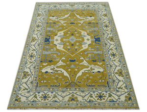 Hand Knotted Mustard, Ivory and Blue Traditional Oriental Oushak 6x9 wool area rug