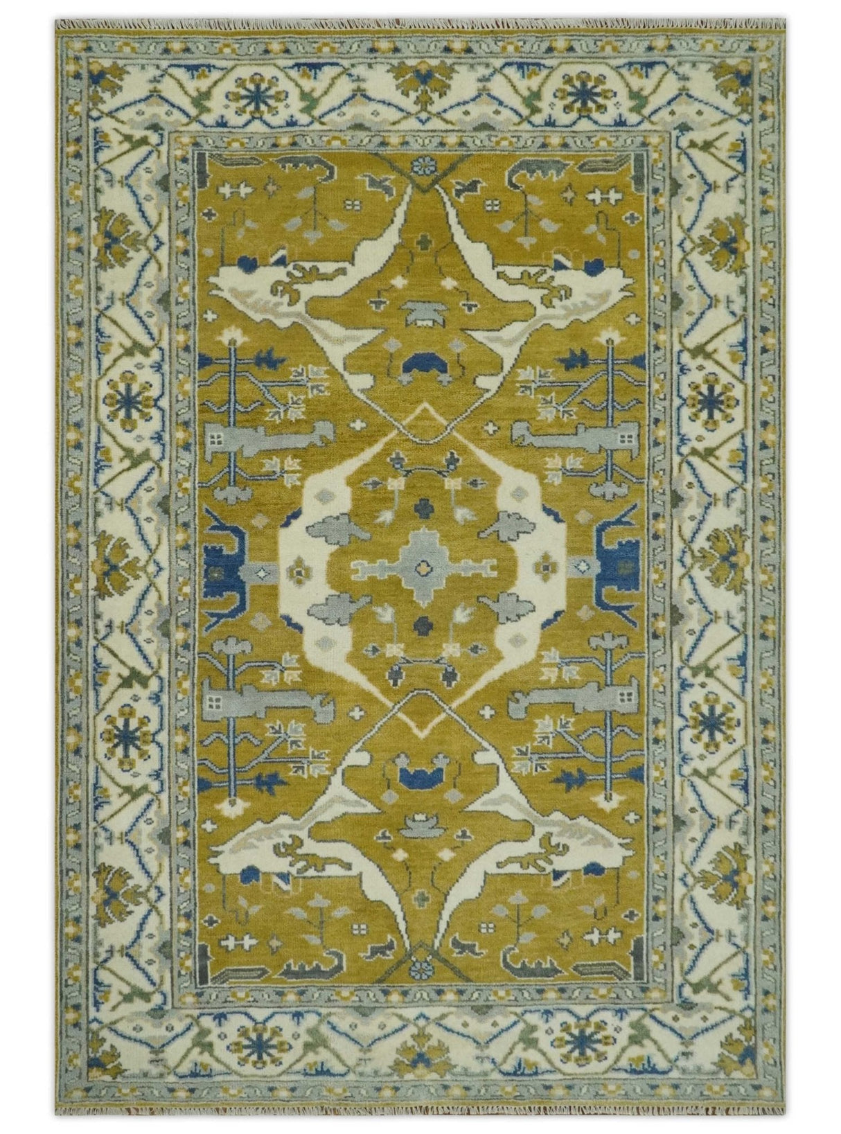 Hand Knotted Mustard, Ivory and Blue Traditional Oriental Oushak 6x9 wool area rug