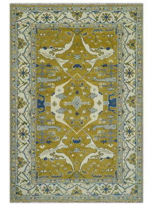 Hand Knotted Mustard, Ivory and Blue Traditional Oriental Oushak 6x9 wool area rug