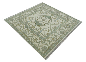 Hand Knotted Oriental Oushak Ivory and Teal Wool Area Rug