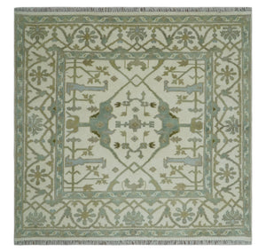 Hand Knotted Oriental Oushak Ivory and Teal Wool Area Rug