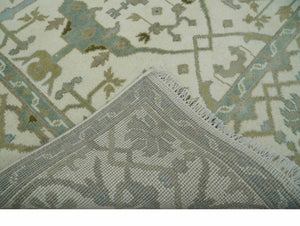 Hand Knotted Oriental Oushak Ivory and Teal Wool Area Rug