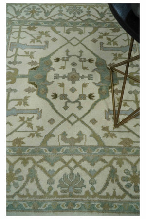 Hand Knotted Oriental Oushak Ivory and Teal Wool Area Rug