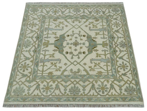 Hand Knotted Oriental Oushak Ivory and Teal Wool Area Rug