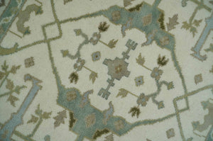 Hand Knotted Oriental Oushak Ivory and Teal Wool Area Rug