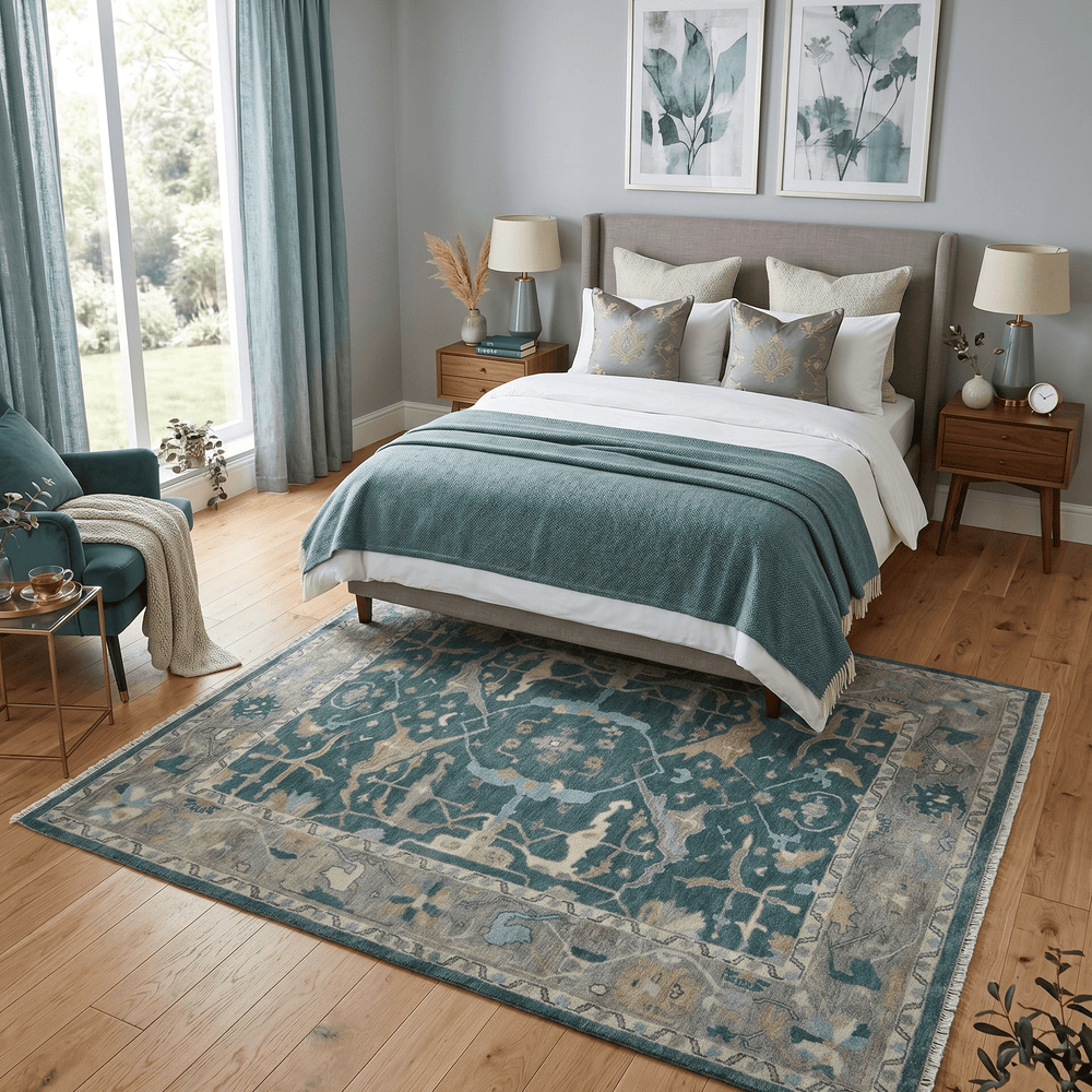 Hand Knotted Oriental Oushak Teal and Beige Multi Size Wool Area Rug