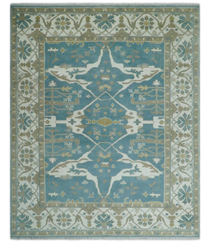 Hand Knotted Oriental Oushak Teal, Ivory and Beige Wool Area Rug