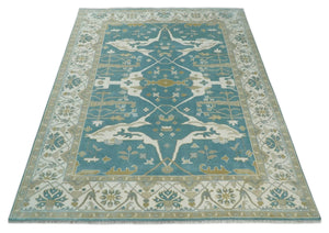 Hand Knotted Oriental Oushak Teal, Ivory and Beige Wool Area Rug