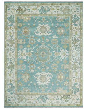 Hand Knotted Oriental Oushak Teal, Ivory and Beige Wool Area Rug