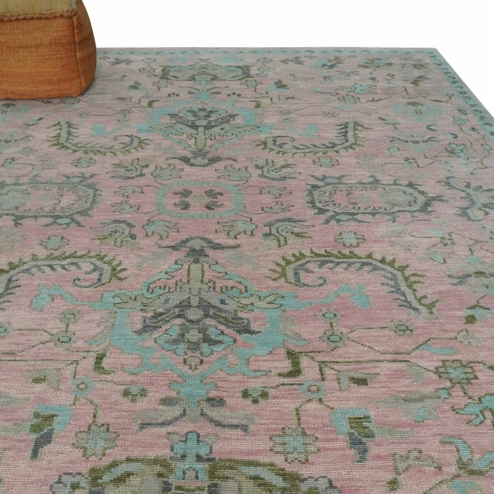 Hand Knotted Pink and Aqua Oriental Oushak Multi Size Traditional Wool Area Rug, Living Room and Bedroom Rug