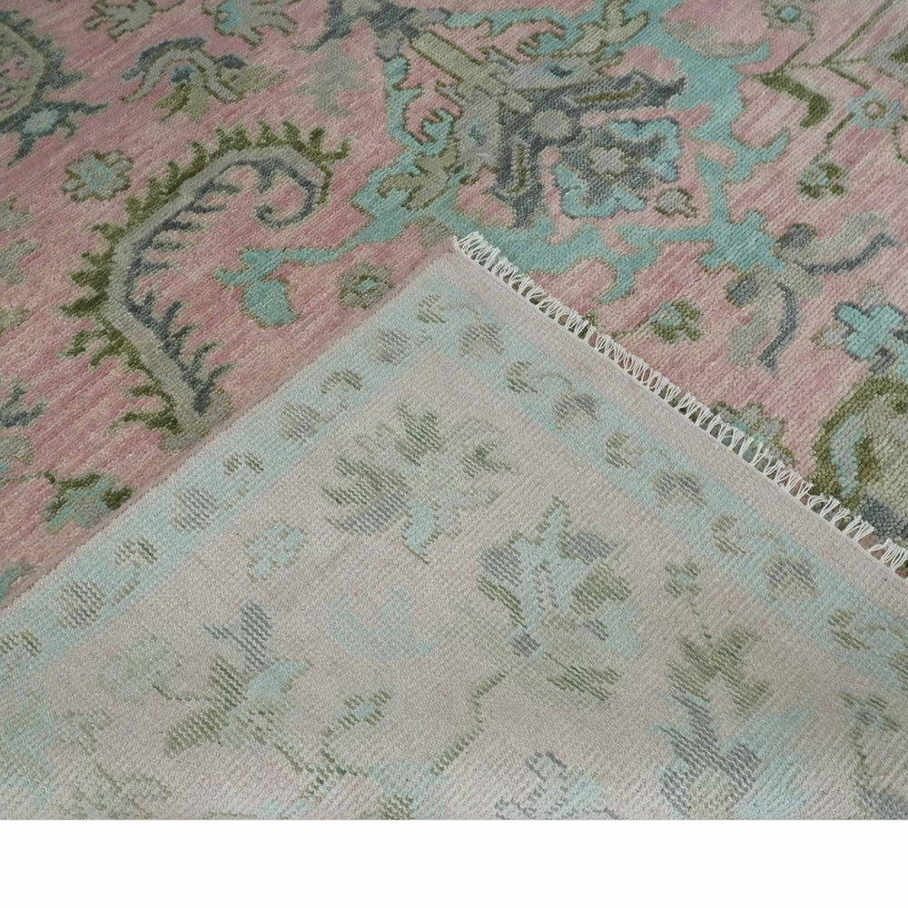 Hand Knotted Pink and Aqua Oriental Oushak Multi Size Traditional Wool Area Rug, Living Room and Bedroom Rug