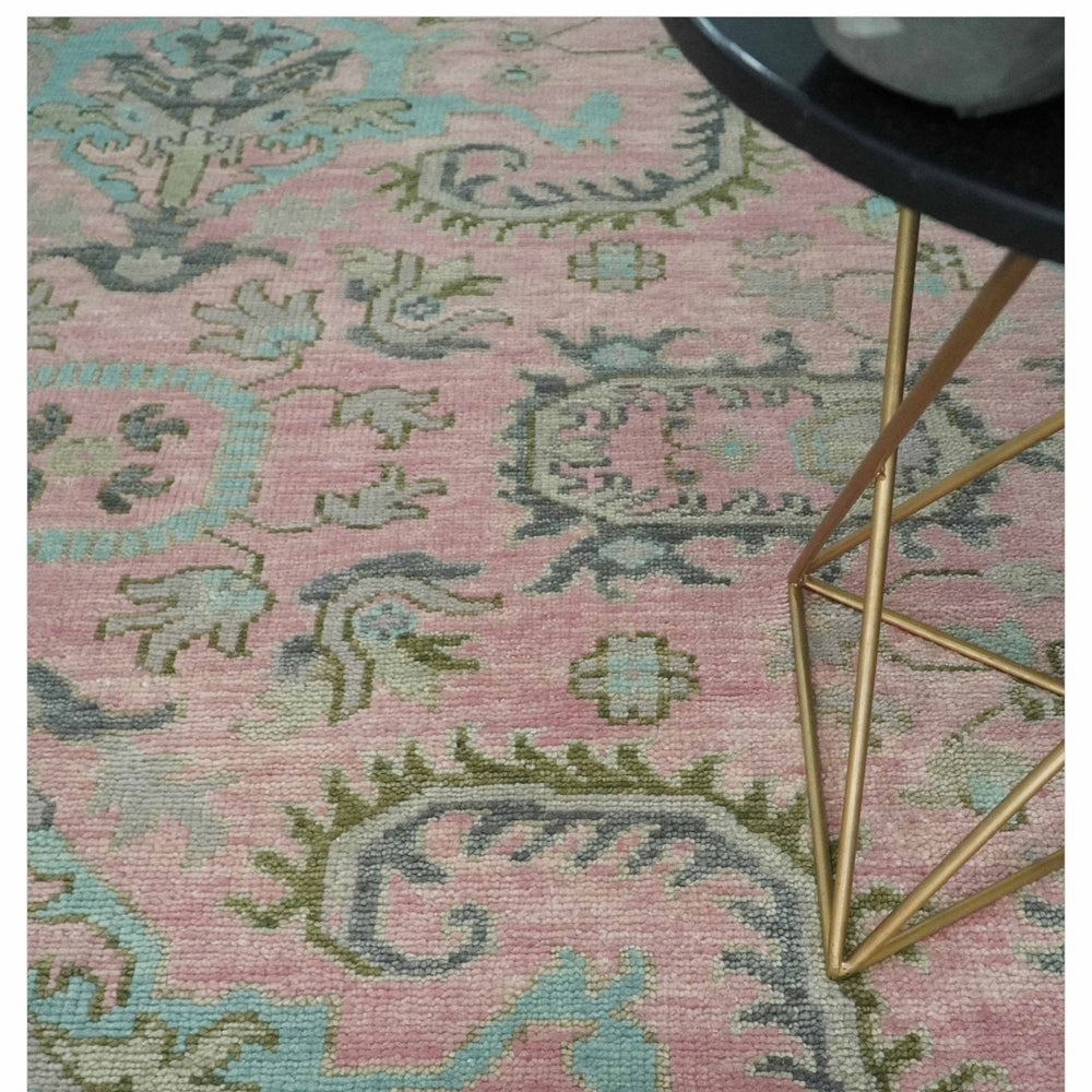 Hand Knotted Pink and Aqua Oriental Oushak Multi Size Traditional Wool Area Rug, Living Room and Bedroom Rug
