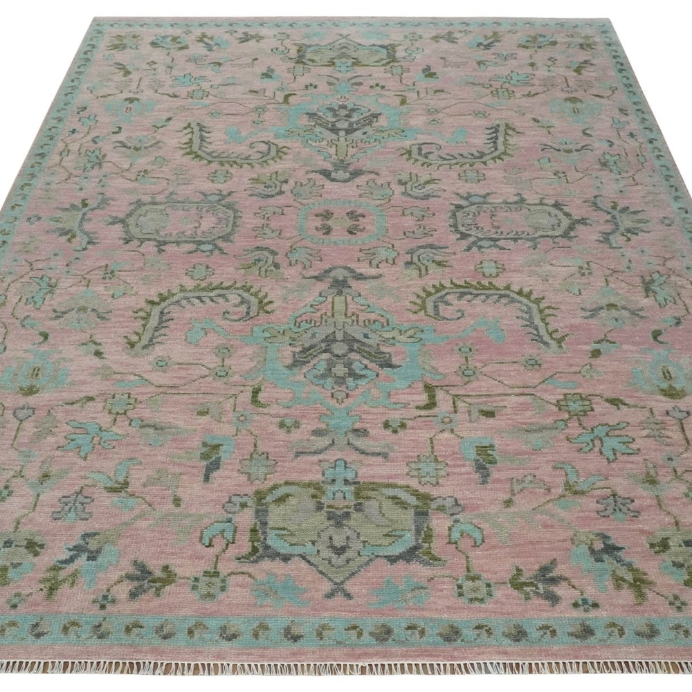 Hand Knotted Pink and Aqua Oriental Oushak Multi Size Traditional Wool Area Rug, Living Room and Bedroom Rug