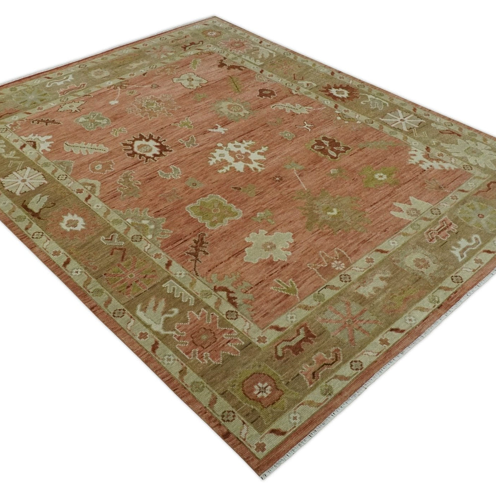 Quick ship 9x12 Hand Knotted Rust, Olive and Ivory Traditional Oushak Wool Rug