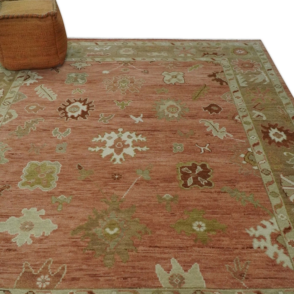 Quick ship 9x12 Hand Knotted Rust, Olive and Ivory Traditional Oushak Wool Rug