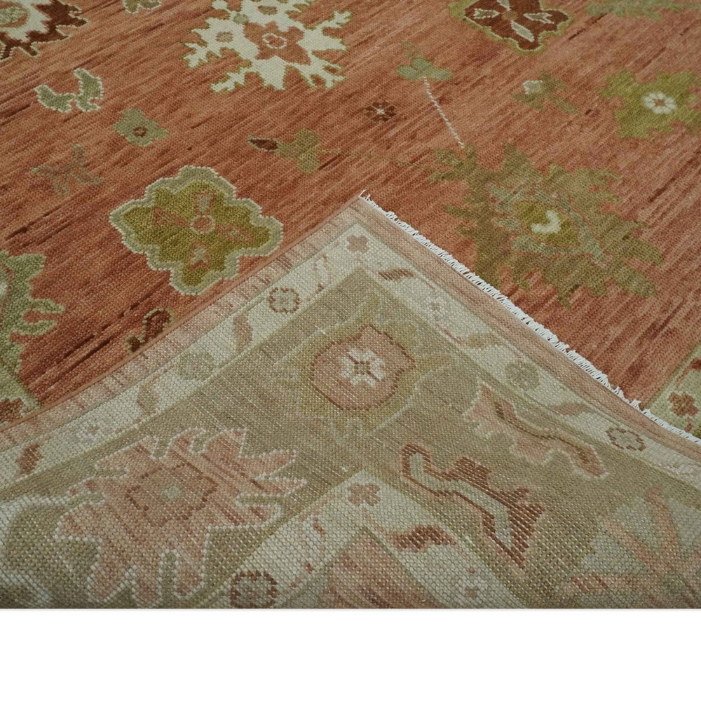 Quick ship 9x12 Hand Knotted Rust, Olive and Ivory Traditional Oushak Wool Rug