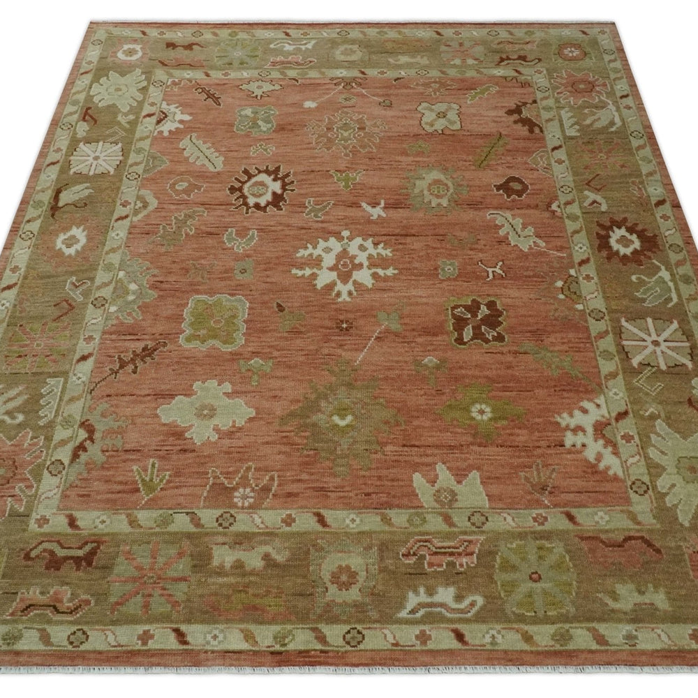 Quick ship 9x12 Hand Knotted Rust, Olive and Ivory Traditional Oushak Wool Rug