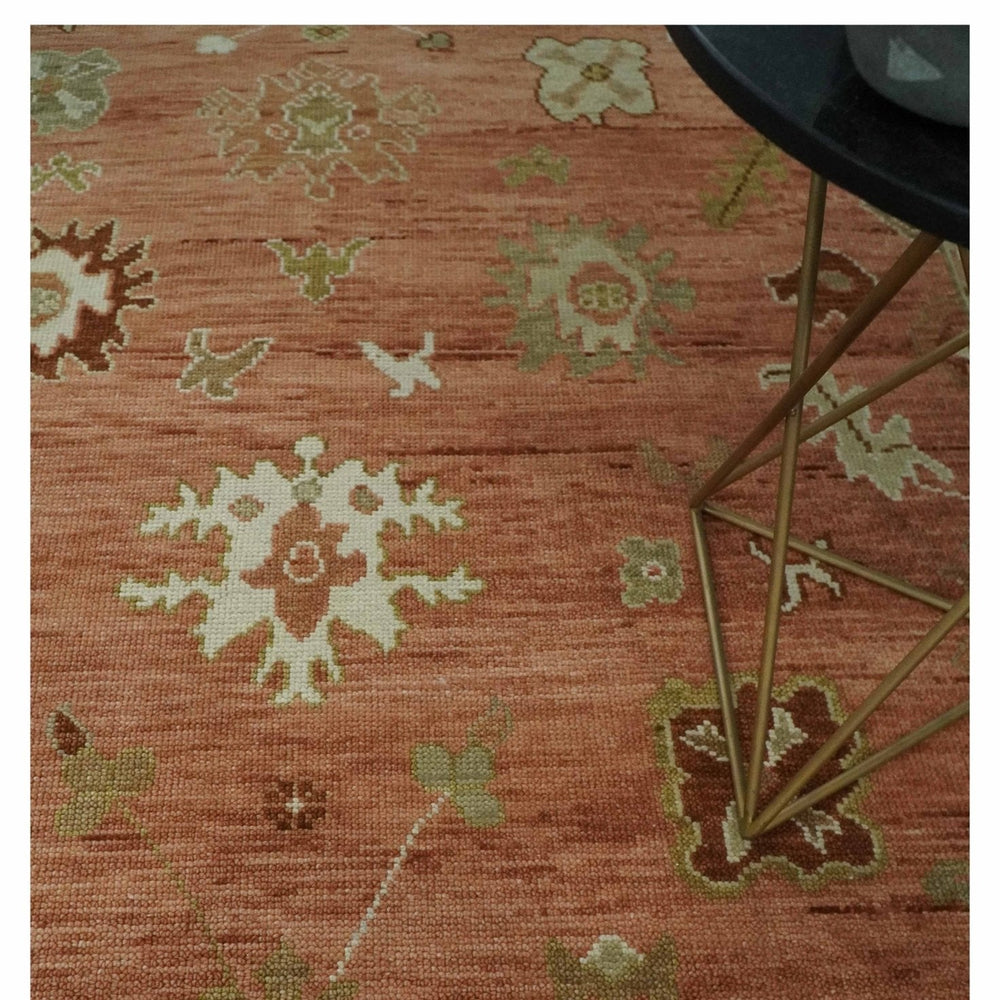 Quick ship 9x12 Hand Knotted Rust, Olive and Ivory Traditional Oushak Wool Rug