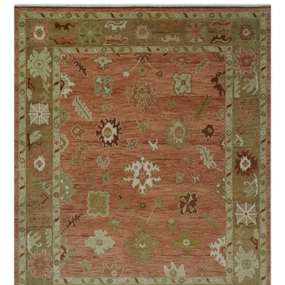Quick ship 9x12 Hand Knotted Rust, Olive and Ivory Traditional Oushak Wool Rug