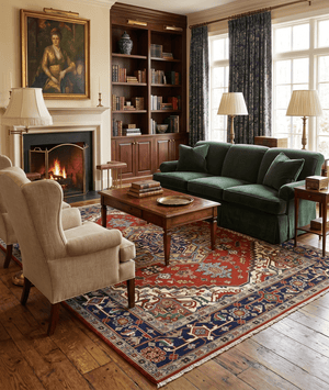 Hand Knotted Red, Ivory and Blue Traditional Heriz Multi size Wool Area Rug