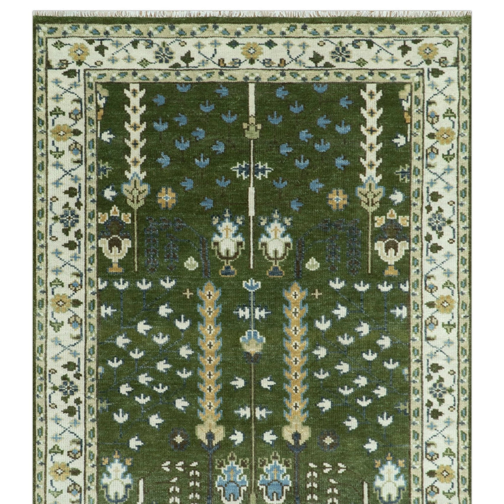 Hand Knotted Royal Green and Ivory Traditional Turkish Style Tree Of Life Multi Size Wool Area Rug