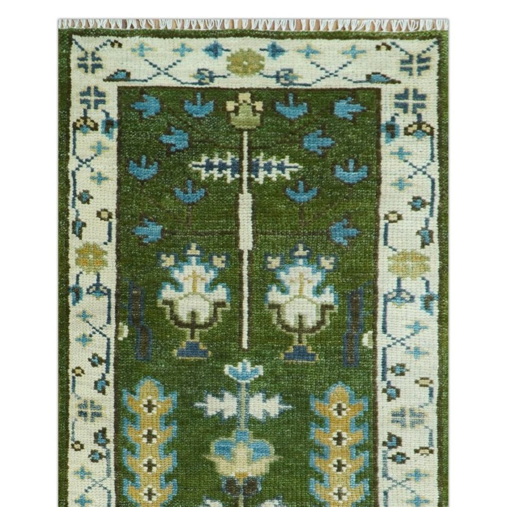 Custom Made Runner Tree of life Green And Ivory Hand Knotted Rug