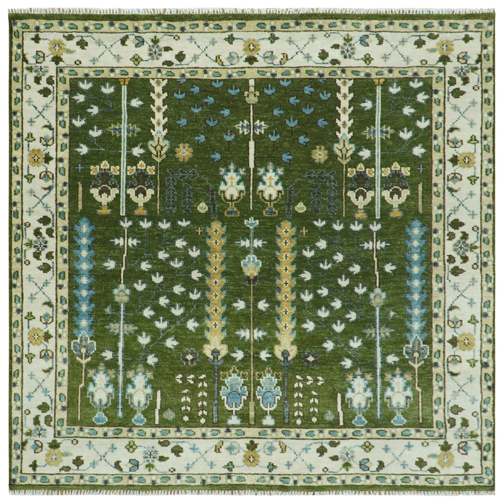 Hand Knotted Royal Green and Ivory Traditional Turkish Style Tree Of Life Multi Size Wool Area Rug