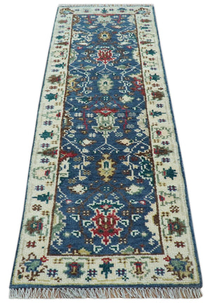 Hand knotted Runner 2.6x8 Blue And Ivory Traditional Design Wool Rug