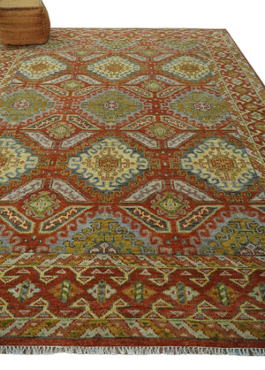 Hand Knotted Rust and Beige Oriental Traditional 9x12 Wool Area Rug, Living Room and Bedroom Rug