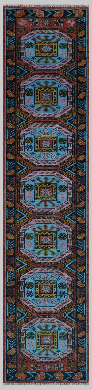 Hand Knotted Maroon and Blue Traditional Antique look Multi Size Wool Area Rug