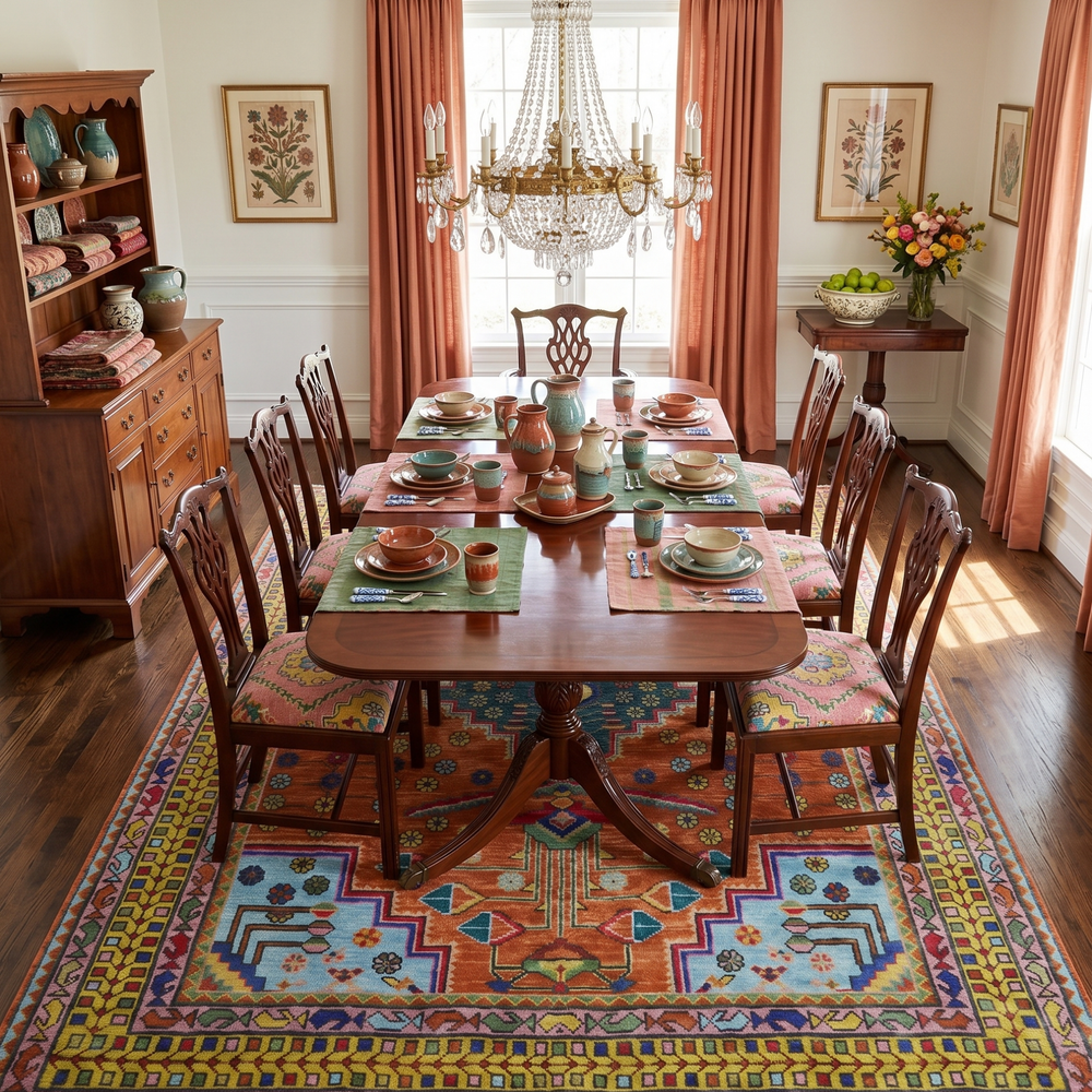 Hand Knotted Rust and Blue Traditional Floral Multi Size Wool Area Rug