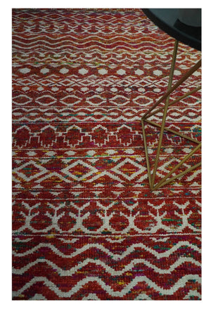 Hand Knotted Rust and Ivory Contemporary Southwestern Tribal Trellis Recycled Silk Rug