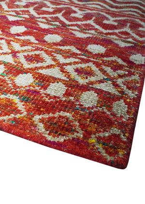 Hand Knotted Rust and Ivory Contemporary Southwestern Tribal Trellis Recycled Silk Rug
