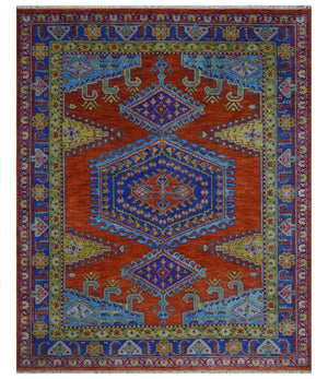 Hand Knotted Rust, Blue and Olive Traditional 8x10 Antique Style Wool Area Rug